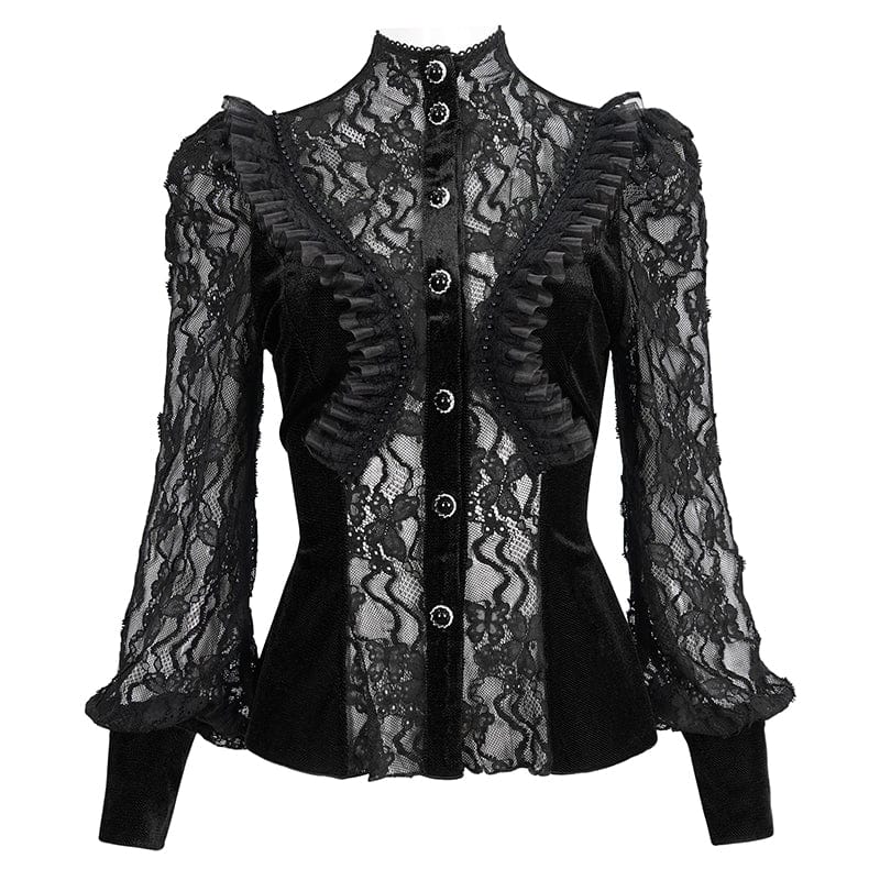 EVA LADY Women's Gothic Puff Sleeved Ruffled Lace Shirt