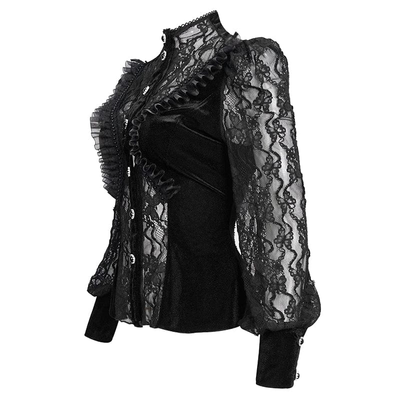 EVA LADY Women's Gothic Puff Sleeved Ruffled Lace Shirt