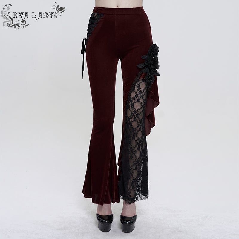 EVA LADY Women's Gothic Strappy Lace Splice Flared Pants Red