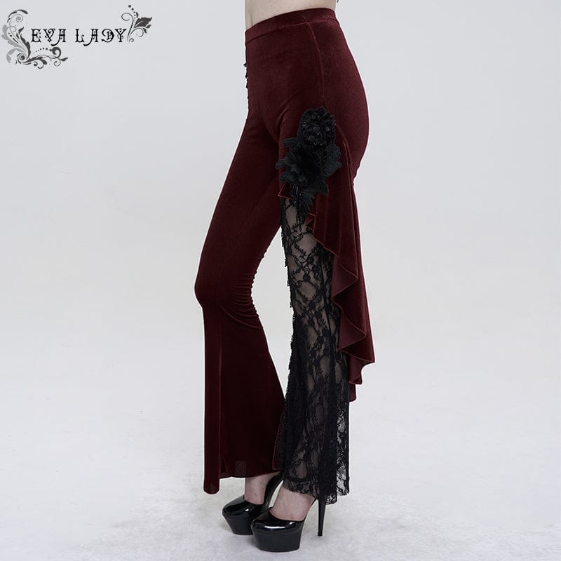 EVA LADY Women's Gothic Strappy Lace Splice Flared Pants Red