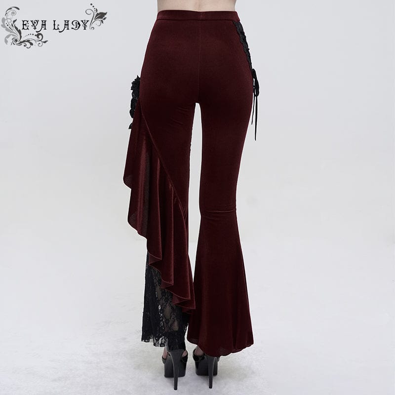 EVA LADY Women's Gothic Strappy Lace Splice Flared Pants Red