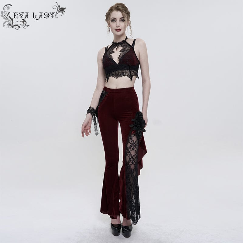 EVA LADY Women's Gothic Strappy Lace Splice Flared Pants Red