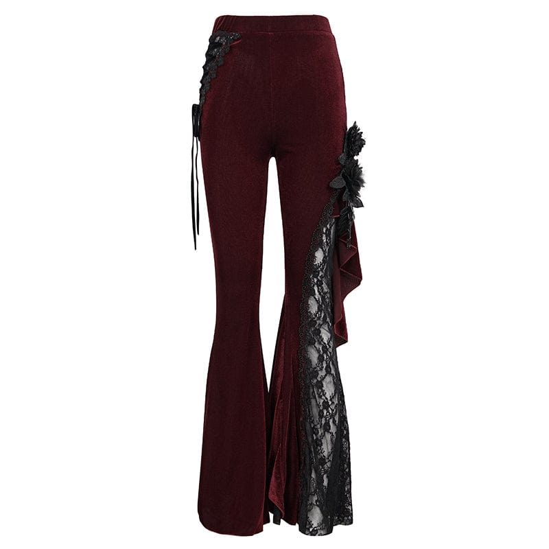 EVA LADY Women's Gothic Strappy Lace Splice Flared Pants Red