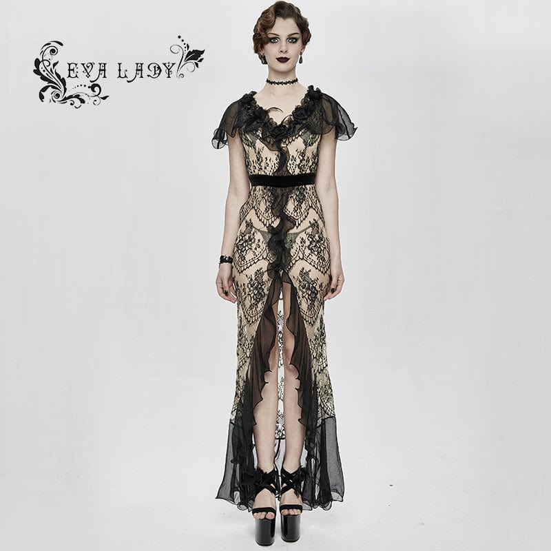 EVA LADY Women's Gothic Turn-down Collar Sheer Floral Lace Dovetail Dress