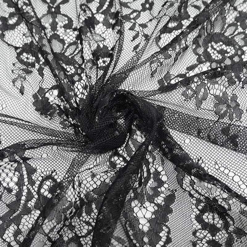 Women's Vintage Gothic Black Lace Over-lay Short Dress with Full Flared Sleeves Wedding Dress