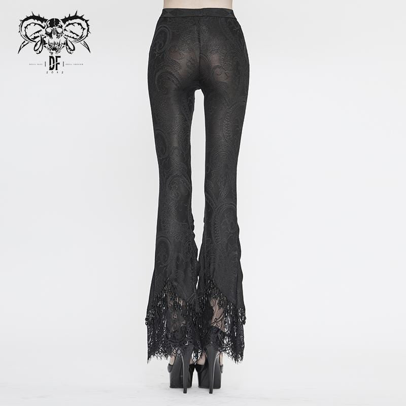 Women's Vintage Gothic Black Laced Trimmed Flared Trousers