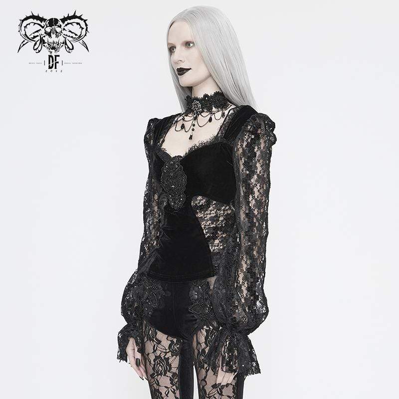 Women's Vintage Gothic Black Velvet and Lace Top with Lace Ruffled Sleeves