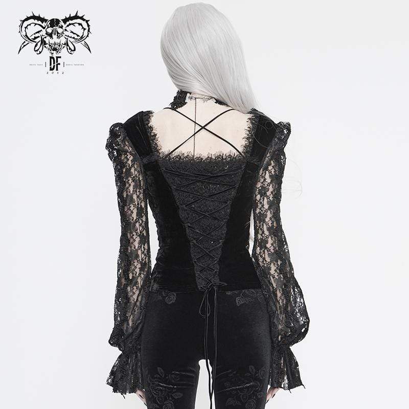 Women's Vintage Gothic Black Velvet and Lace Top with Lace Ruffled Sleeves