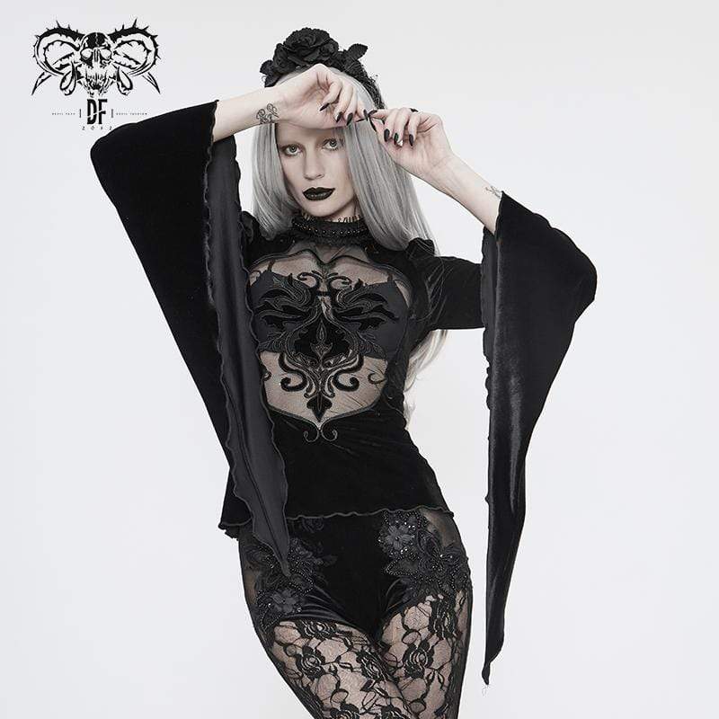 Women's Vintage Gothic Black Velvet with Baroque Embroidered Lace Inset Full Sleeves Tops