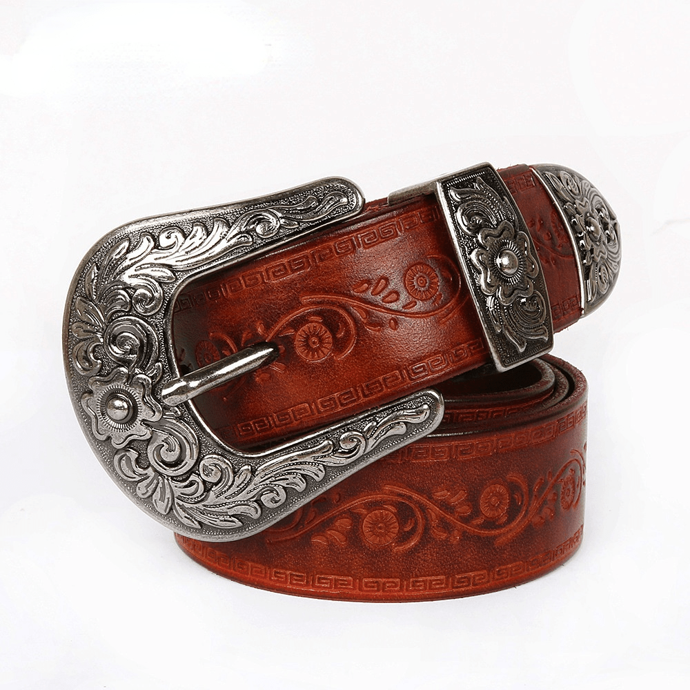 Kobine Men's Gothic Floral Carving Cowhide Belts