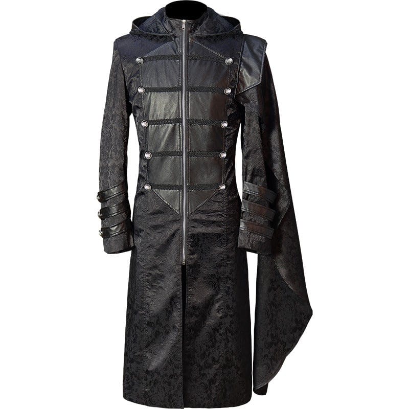 Kobine Men's Gothic Stand Collar Splice Long Coat with Hood