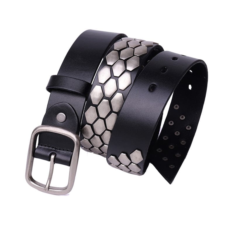 Kobine Men's Punk Fish Scale Flakes Rivets Leather Belt