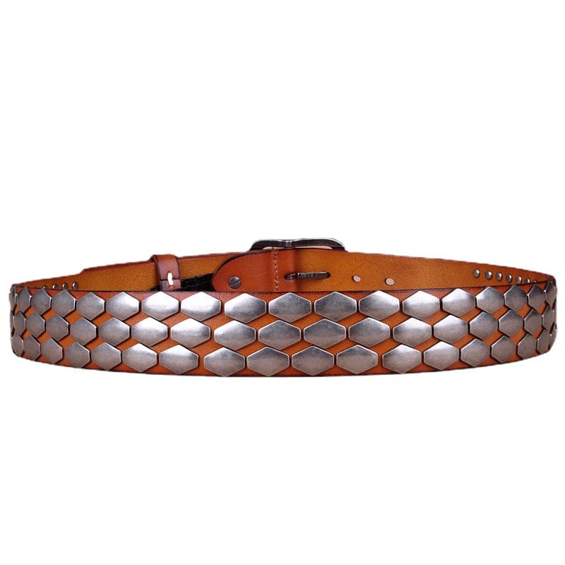 Kobine Men's Punk Fish Scale Flakes Rivets Leather Belt