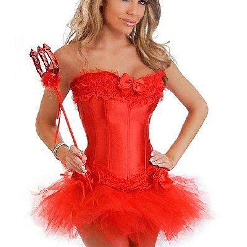 Women's Gothic Bowknot Falbala Lace Hem Overbust Corsets With Skirts