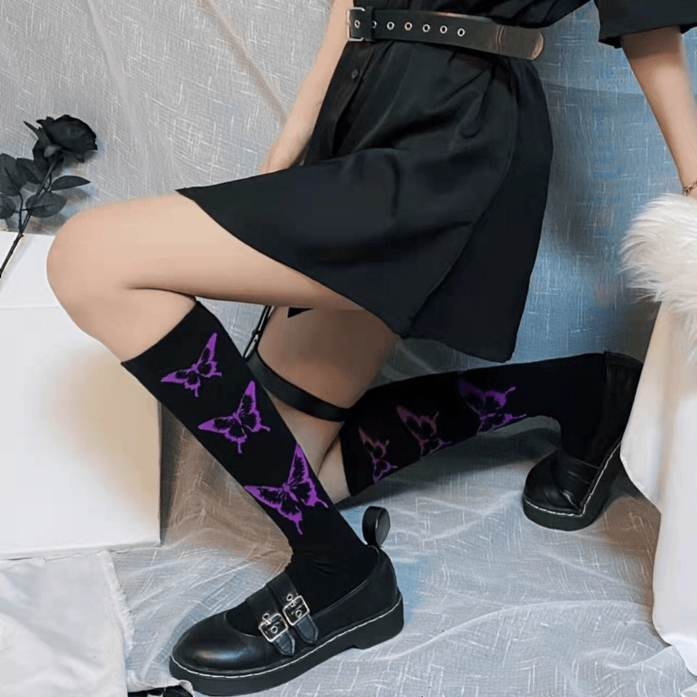 KOBINE Women's Gothic Butterflies Embroidered Stockings