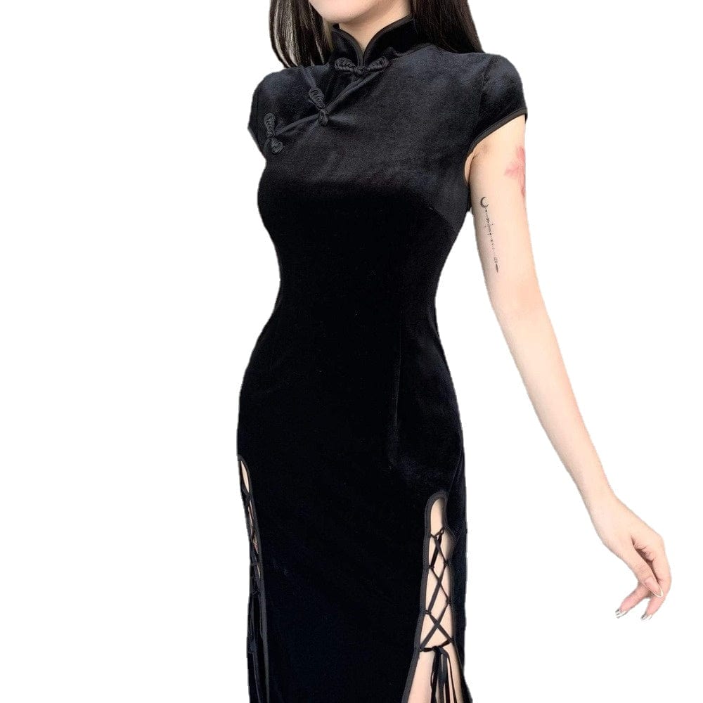 Kobine Women's Gothic Chinese Slit Velet Dresses