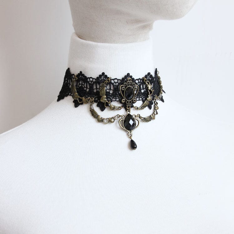 Women's Gothic Diamante Lace Choker with Heart Chain – Punk Design