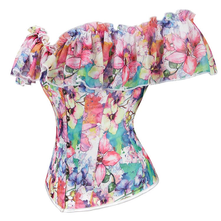 Kobine Women's Gothic Floral Printed Ruffled Overbust Corset