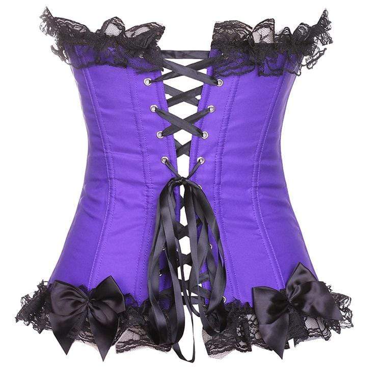 Women's Gothic Lace Hem Floral Mesh Splicing Satin Overbust Corsets With T-back