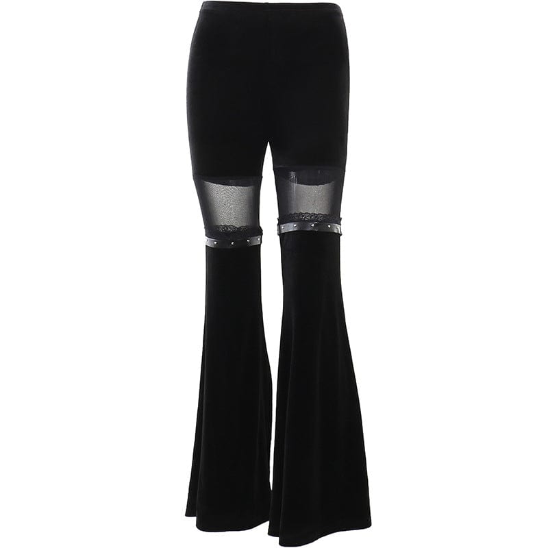 Kobine Women's Gothic Mesh Splice Velvet Flared Pants