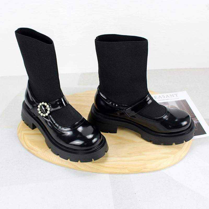 Kobine Women's Gothic Punk Elastic Splice Mary Jane Boots