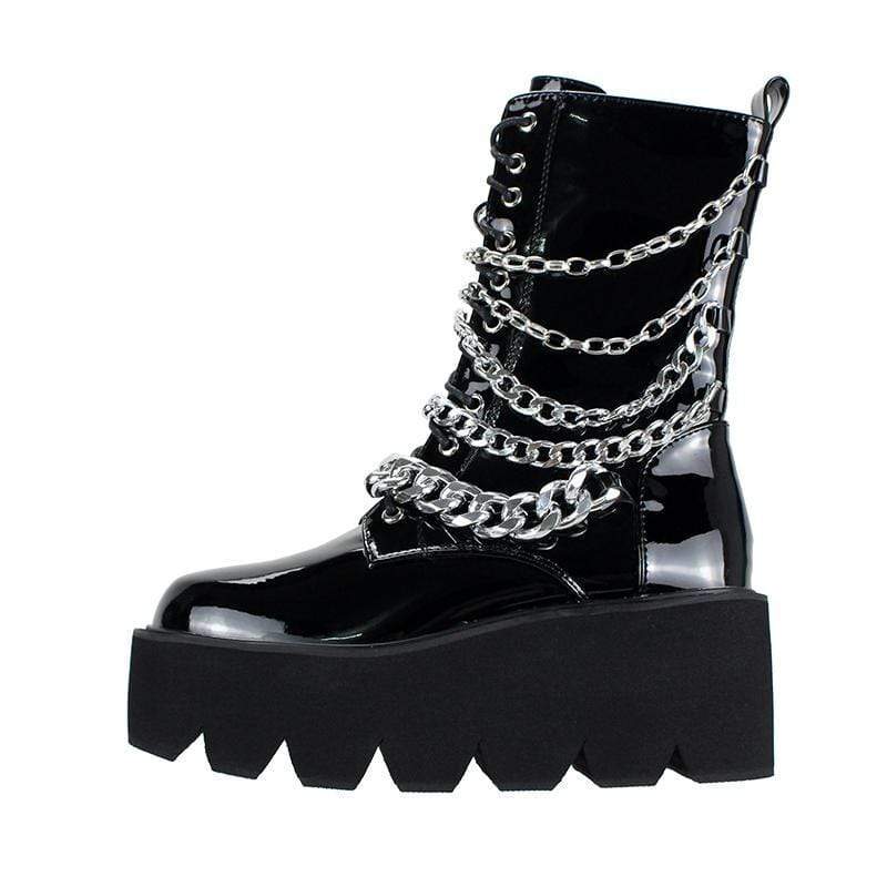 Women's Gothic Punk Patent Leather Boots with Chain