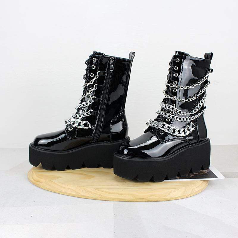 Kobine Women's Gothic Punk Patent Leather Boots with Chain
