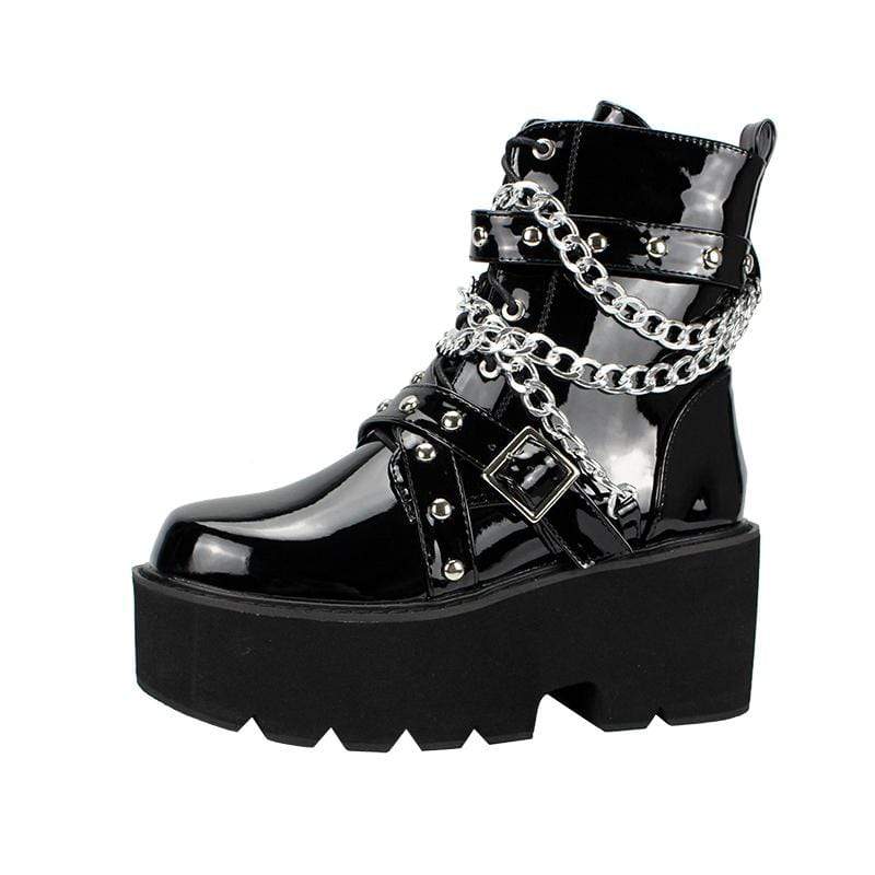 Kobine Women's Gothic Punk Patent Leather Chain Platform Boots
