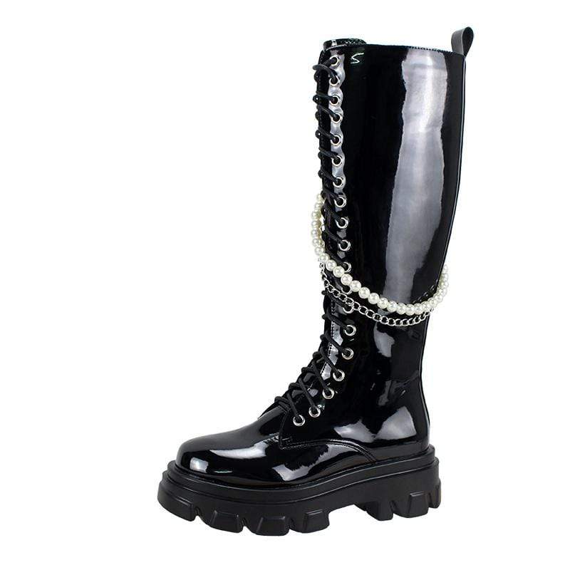 Women's Gothic Punk Thigh High Boots with Pearl Chain
