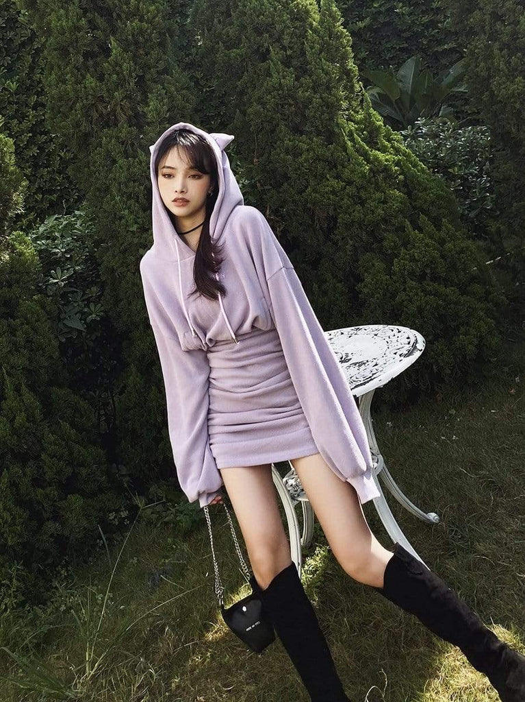 Women's Gothic Pure Color Embroideried Dresses With Cat Ear Hood
