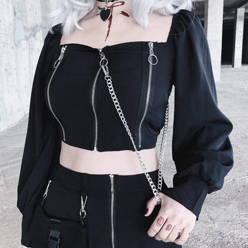 Women's Gothic Round Collar Zippered Crop Tops With Detachable Chain