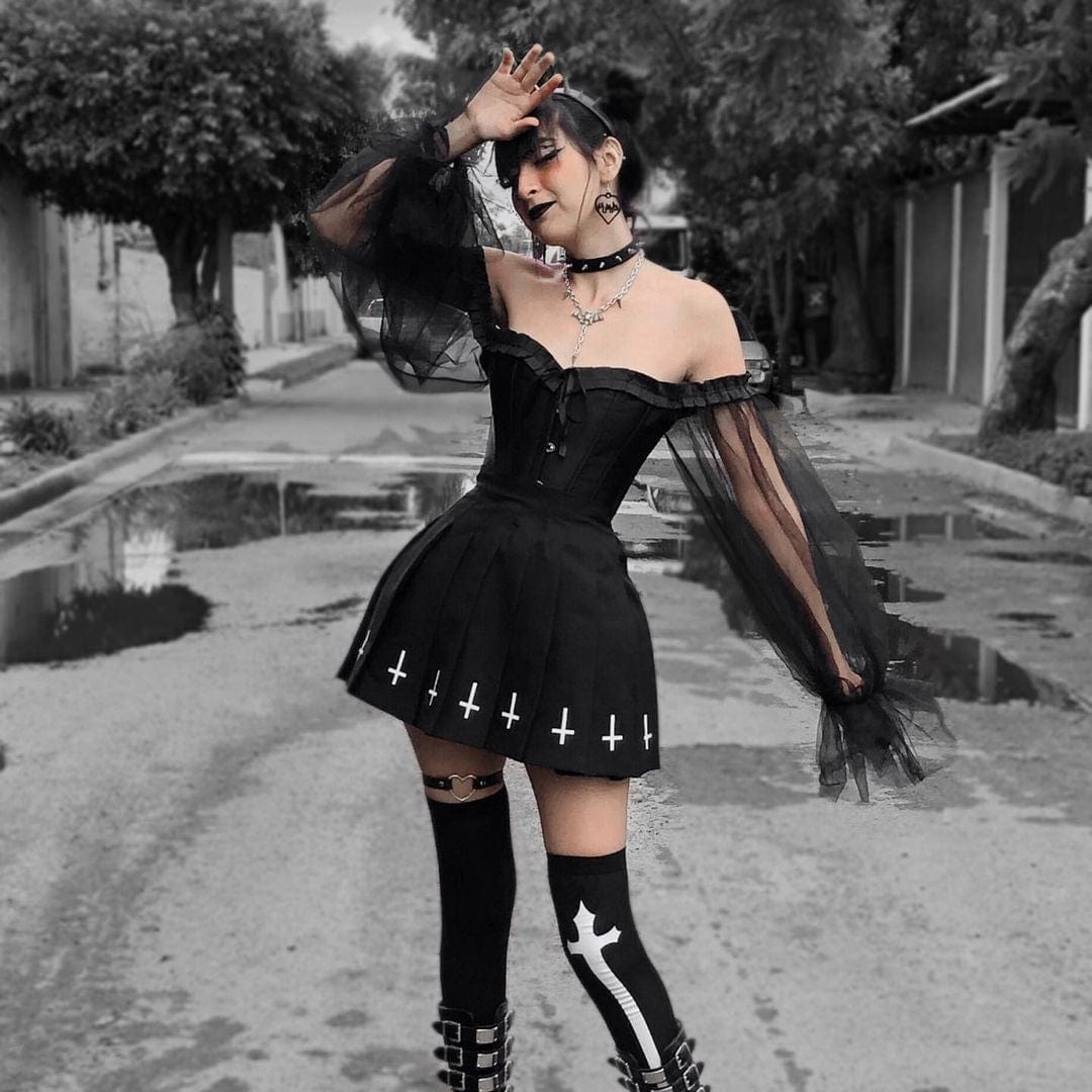 Kobine Women's Gothic Vintage Mesh Sleeved Overbust Corset