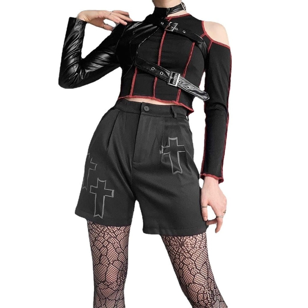 Kobine Women's Grunge Cross Printed Loose Black Shorts