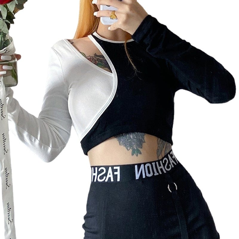 Kobine Women's Grunge Double Color Cutout Crop Top