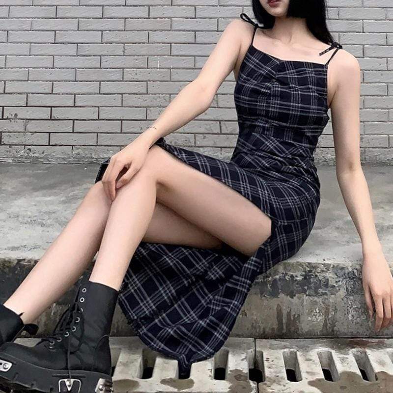 Women's Grunge Plaid Slip Dress with Side Slit