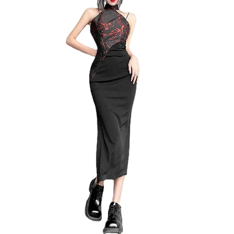 Kobine Women's Grunge Stand Collar Splice Cutout Dress