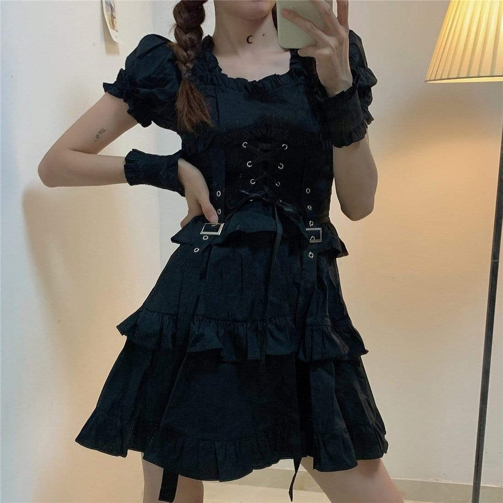 Women's Lolita Adjustable Layered Short Dress Black