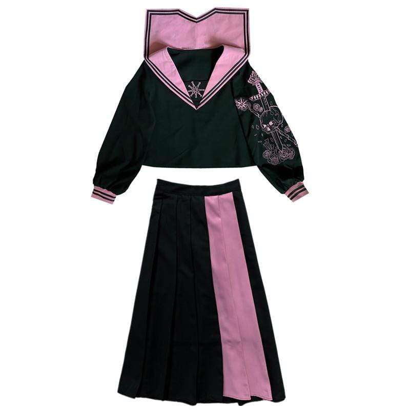 Women's Lolita Long Sleeved JK Uniform Skelenton Embroidered Tops&Skirts