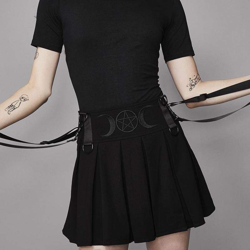 Women's Moon And Pentacle Embroidered Sashes A-line Mini Skirts