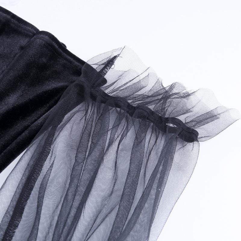 Women's Off-shoulder Mesh Sleeved Ruffled Velvet Dresses