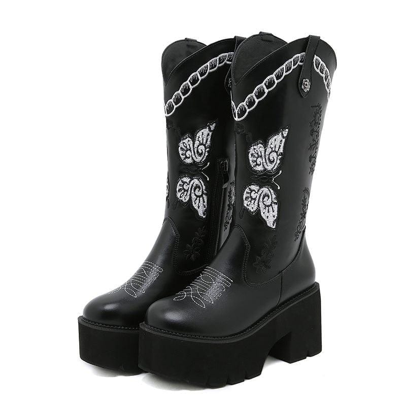 Kobine Women's Punk Butterfly Embroidered Platform Buskin Boots