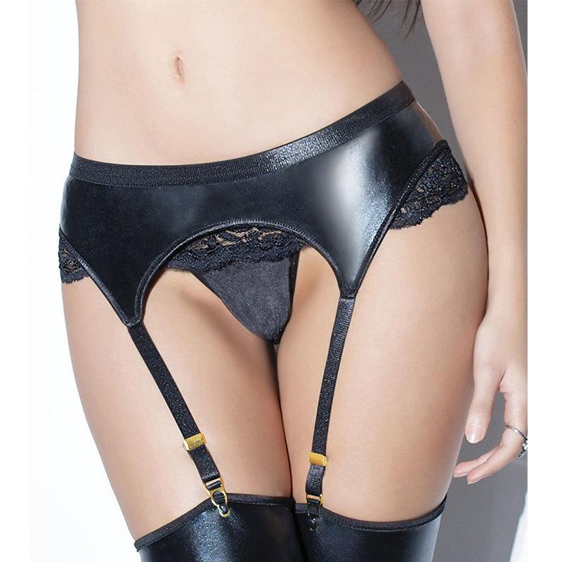 Kobine Women's Punk Lace Splice Faux Leather Clasp Underwear