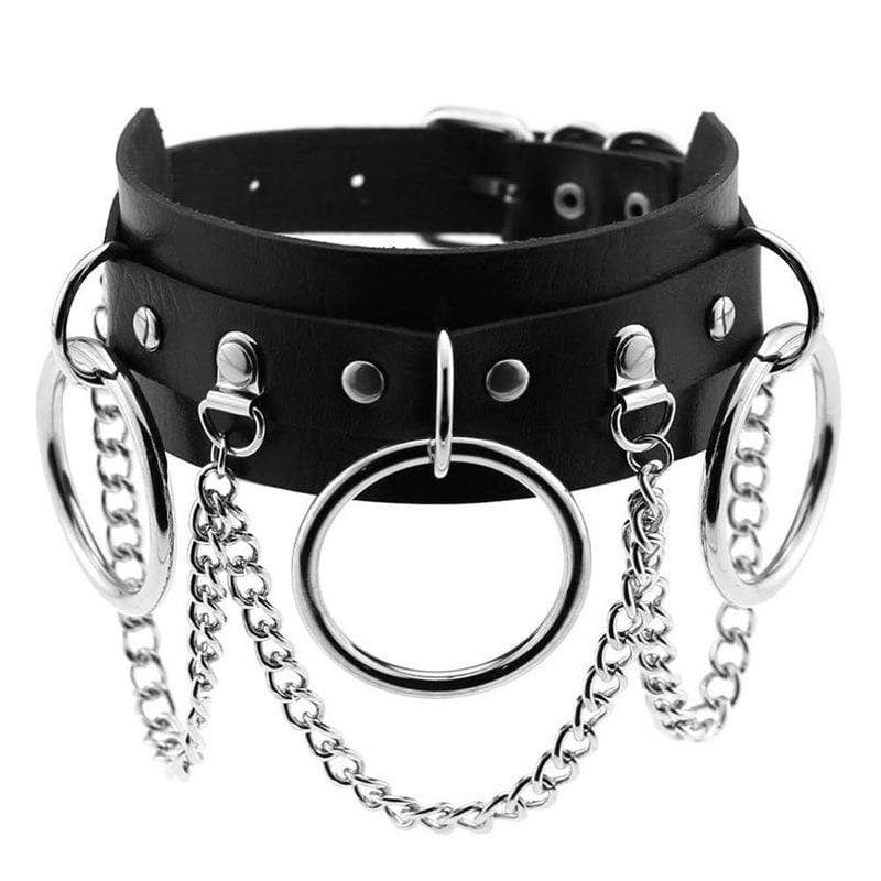Women's Punk Metal Chains Faux Leather Wide Choker With Three Rings