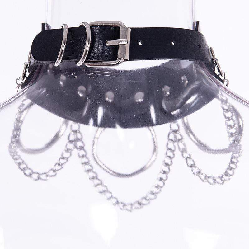 Women's Punk Metal Chains Faux Leather Wide Choker With Three Rings