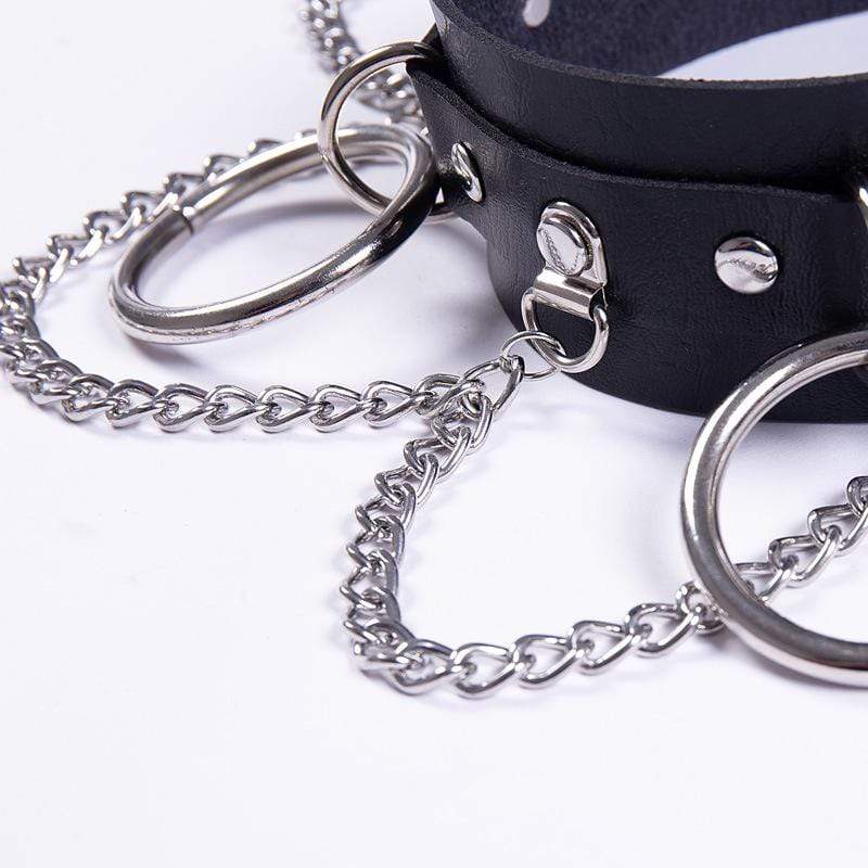 Women's Punk Metal Chains Faux Leather Wide Choker With Three Rings