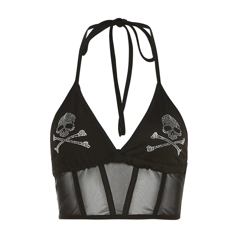 Kobine Women's Punk Skull Rhinestone Halterneck Bustier