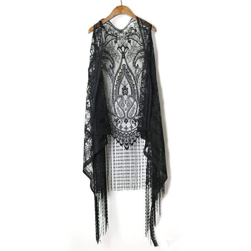 Women's Sheer Flare Lace Fringes Crochet Black Vests