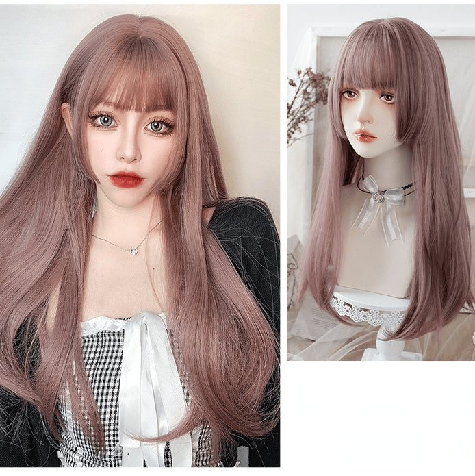 Kobine Women's Silky Straight Long Pink Synthetic Hair Wig