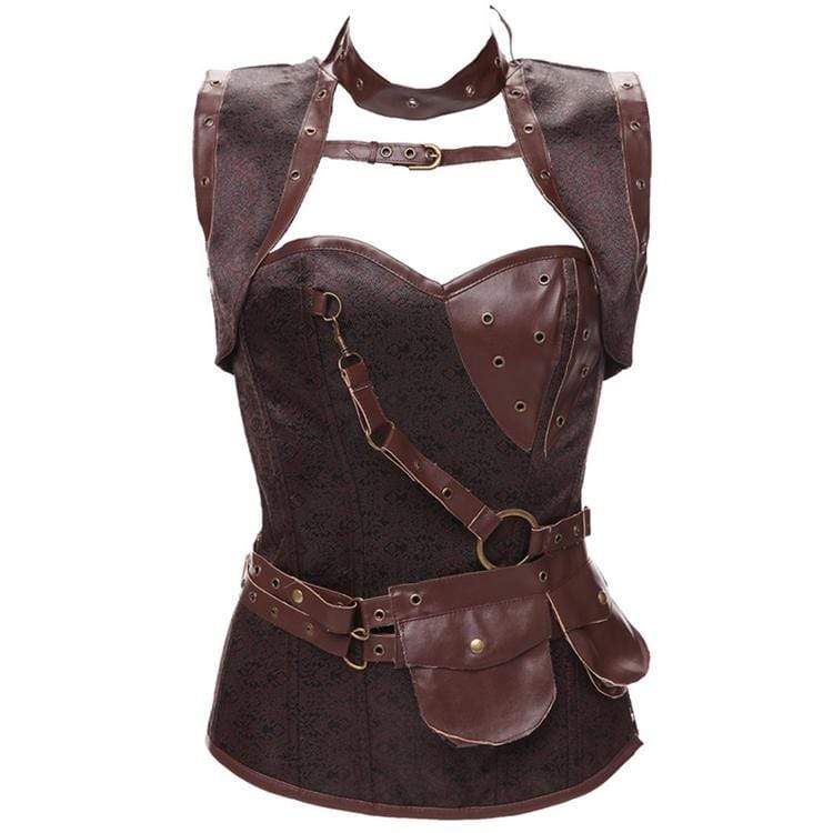 Women's Spiral Steel Boned Steampunk Gothic Vintage Brocade Corset with Jacket and Belt