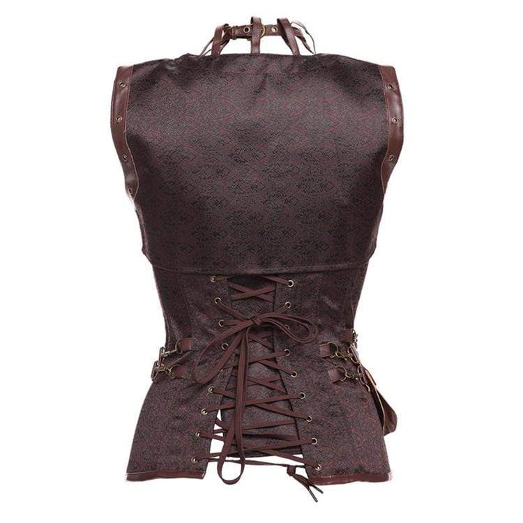Women's Spiral Steel Boned Steampunk Gothic Vintage Brocade Corset with Jacket and Belt